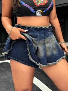SHEIN ICON Plus Size Y2K Streetwear Vintage Pleated Denim Mini Skirt Shorts