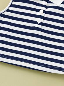 SHEIN Leap Crew 女童针织条纹 Polo 领修身休闲短款上衣 - 藍色 - 查看 4