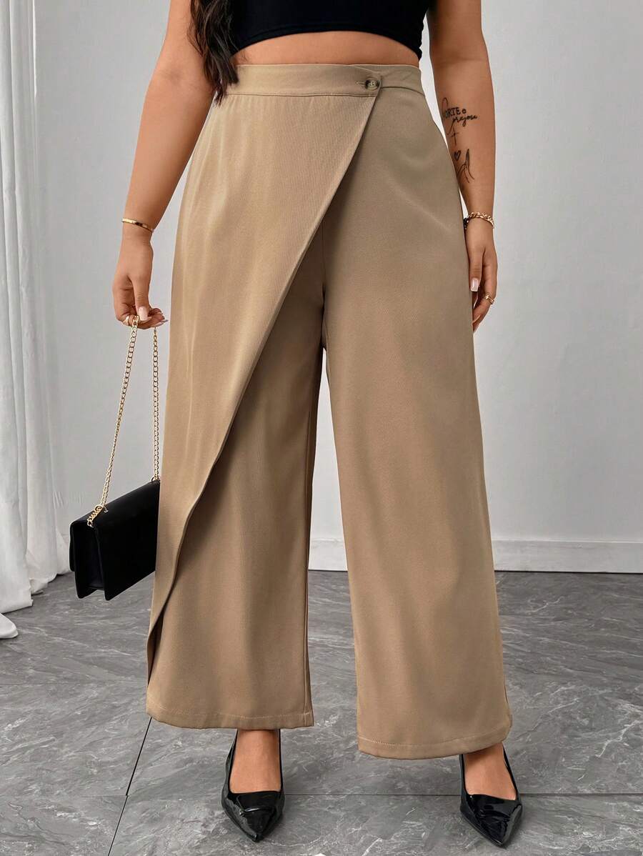 Flirla Plus Size Women's Business Casual Wide Leg Pants With Button Decoration, Suitable For Commuting, Spring/Summer Fall Cloth For Women - Khaki - View 1