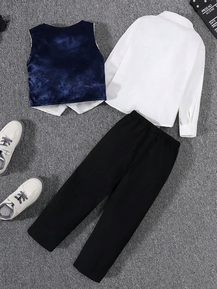 Young Boy Thermal Lined Button Up Vest Blazer & Pants & Shirt