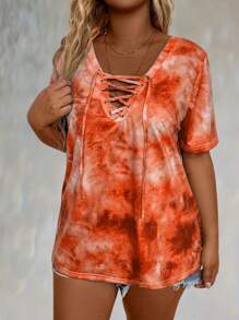 SHEIN LUNE Plus 扎染前系带 T 恤 图案 T 恤 女式上衣 - 彩色 - 查看 3