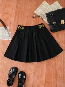 HARRY POTTER X SHEIN Tween Girl Button Decor Letter Print Black Pleated Mini Skirt - Black - View 2