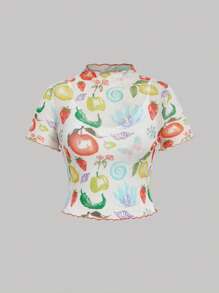 SHEIN MOD 加大码可爱蔬菜水果印花T恤，两件套，适合女孩休闲度假。女士夏季上衣。女士沙滩装 - 彩色 - 查看 1