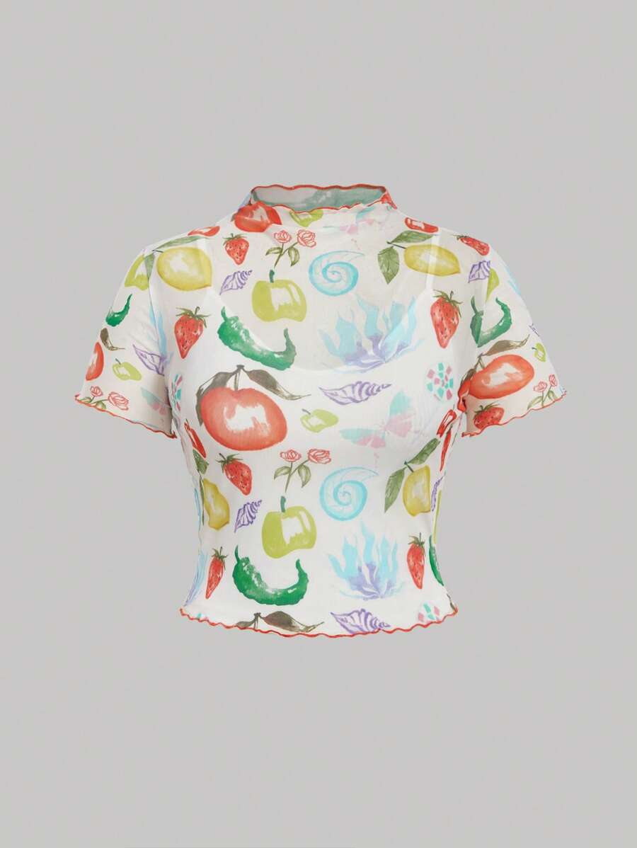 SHEIN MOD 加大码可爱蔬菜水果印花T恤，两件套，适合女孩休闲度假。女士夏季上衣。女士沙滩装 - 彩色 - 查看 1