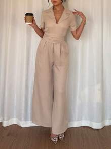 SHEIN PETITE 女士休闲修身系带卡其色连体衣，日常穿着 - 卡其色 - 查看 5