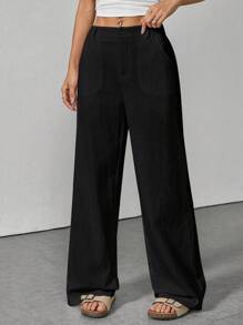 SHEIN PETITE Quần ống rộng lưng thấp màu trơn đơn giản - màu đen - Xem 3