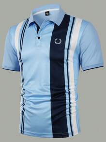 Manfinity Homme Men's Casual Striped Short Sleeve Polo Shirt, For Commuting - Baby Blue - View 3