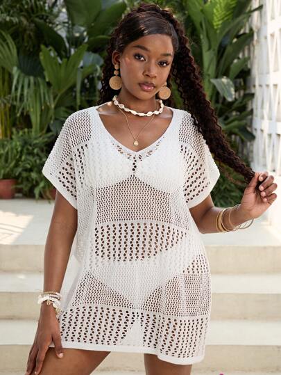 SHEIN Teen Girls Summer Beach Hollow Out Split Hem Cover Up Dress Without Bikini Set