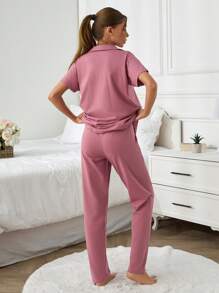 SHEIN Cottnline COTTON Women 2 Pcs Button Front With Pocket Detail Solid Coloue Homewear PJ Set - Dusty Pink - View 2