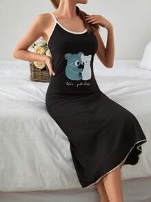 RueChic Women Contrast Colour Binding&Lettuce Trim Detail With Cute Love Koala Printed Sleevless Top Homewear Sleep Dress - Black - View 5