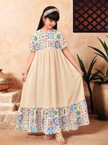 SHEIN Sukienka dziewczęca z luźnym krojem i okrągłym dekoltem w stylu wakacyjnym w blokach kolorów - Musztardowy żółty - Zobacz 1