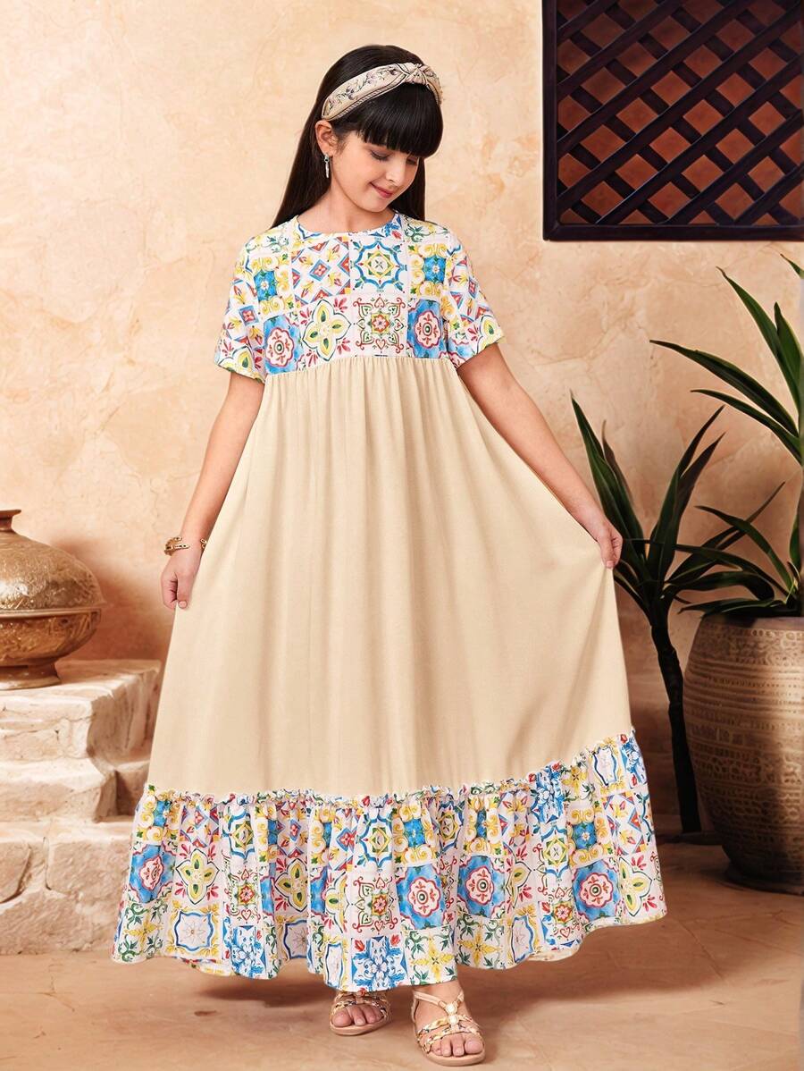 SHEIN Sukienka dziewczęca z luźnym krojem i okrągłym dekoltem w stylu wakacyjnym w blokach kolorów - Musztardowy żółty - Zobacz 1