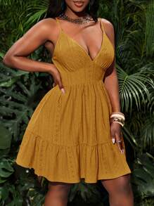 Slaydiva 女式镂空提花面料无袖 A 字形荷叶边下摆收腰短裙，黄色纯色，休闲海滩度假风格