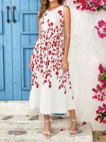 Ellevyn Rochie midi, elegantă, cu gât rotund, plisată, albastră, cu imprimeu floral, rochie slim de vacanță și de Ziua Îndrăgostiților, primăvară/vară - Burgundia - Vizualizare 4