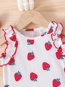 2pcs Baby Girls' Spring/Summer Fashion Soft & Comfy Strawberry Print Ruffle Hem Camisole And Shorts Set - White - View 8