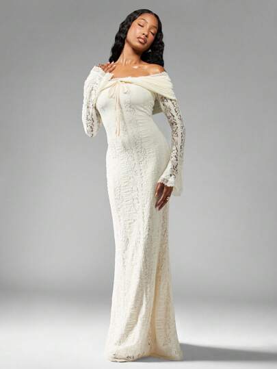 MISSGUIDED فستان سهرة عروس طويل مع أكمام من الدانتيل على الكتف، طول الأرض، شكل حورية البحر، لضيوف حفلة الزفاف الرسمية، الأكمام جرس والخصر مكرمل