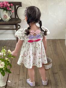 LMoss Kids Baby Girl Woven Ditsy Floral Round Neck Puff Sleeves Hollow Back Fitted Dress - Multicolor - View 7