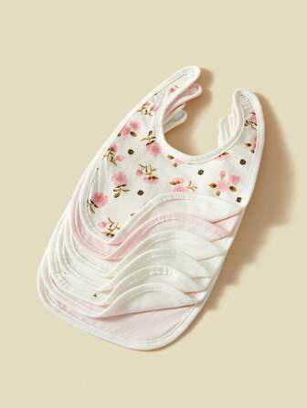 7pcs/Set Baby Bibs, Breathable Absorbent Ditsy Floral & Bow Pattern Burp Cloths For Baby Girls, Spring/Summer