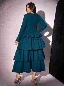 Viva Relle Plus Size Women Elegant Round Neck Long Sleeve Waist Ruffle Hem Solid Color Dress,Valentine - Teal Blue - View 2