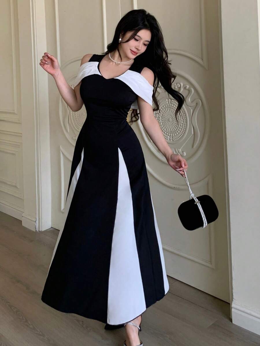 Modelyn Đầm dự tiệc trang trọng cho nữ, hở vai, bó eo, màu sắc rực rỡ - Đen và trắng - Xem 1