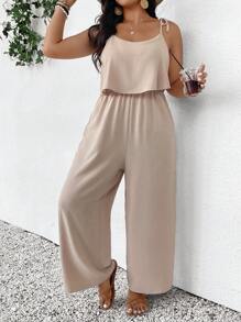 SHEIN Frenchy Plus Size Apricot Woven Fabric Jumpsuit: Casual, Sleeveless, Spaghetti Strap, Long, Knot Detail - Apricot - View 1