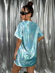 SHEIN ICON 女士圆领宽松超大偏光涂层 T 恤连衣裙 - 水鴨藍 - 查看 2