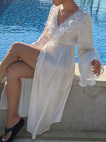 DAZY Romantic Sparkling Ruffle Trim Long Robe For Women, Pajama - White - View 7