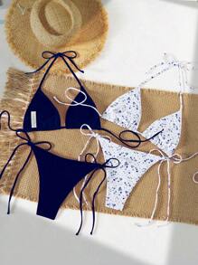 Swim Mod Bộ 2 chiếc/Bộ đồ bơi bikini họa tiết hoa tam giác thắt nơ cho kỳ nghỉ xuân dành cho nữ đi biển - Màu xanh hải quân - Xem 2