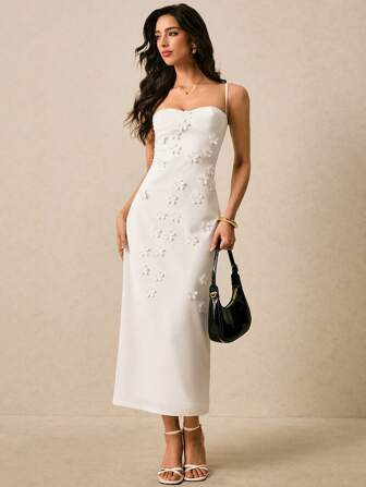 Poéselle Women's Long Solid Color Spaghetti Strap Dress, Fashionable For Summer Women S White Dress Women Dresses Birthday Work Summer Dresses Women Birthday Outfit Women's Dresses Flower Decoration, Romantic And Elegant Festive Dresses Graduation Season Dress Business Casual Woman