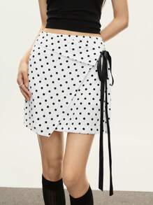 INAWLY Women's Asymmetrical Polka Dot Retro Mini Skirt - White - View 2