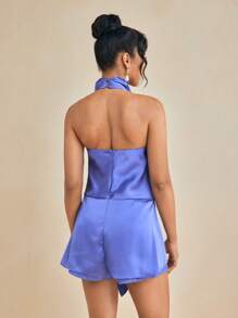 Amiko Blue Halter Drape Neck Backless Satin Romper With Front Tie Solid Jumpsuits - Purple - View 1