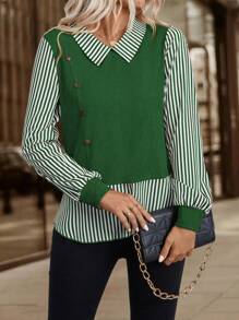 EMERY ROSE Casual Commute Striped Splice 2 In 1 Top - Green - View 4