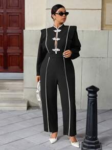 Cravure Tuta intera elegante, con maniche lunghe, collo alla coreana, con patchwork in bianco e nero, di taglie comode, per donna, adatta alla primavera