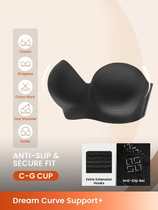 LUVLETTE Lencería de talla grande, sujetador sin tirantes negro sin costuras, sin marcas, con aros y push-up, lencería como prenda exterior, sujetador básico de media copa