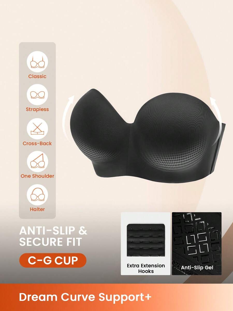 LUVLETTE Plus Lingerie 黑色无肩带隐形无缝聚拢钢圈 T 恤内衣外穿基本款半罩杯文胸 - 黑色 - 查看 1