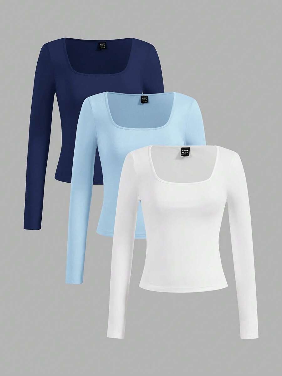 SHEIN EZwear Bộ 3 áo thun ngắn tay màu xanh navy, xanh nhạt và trắng, phù hợp với phụ nữ gầy vào mùa hè - Nhiều màu - Xem 1