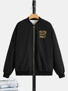 SHEIN Teen Boys' Thermal Lined Jacket With Star & Slogan Print - Black - View 4