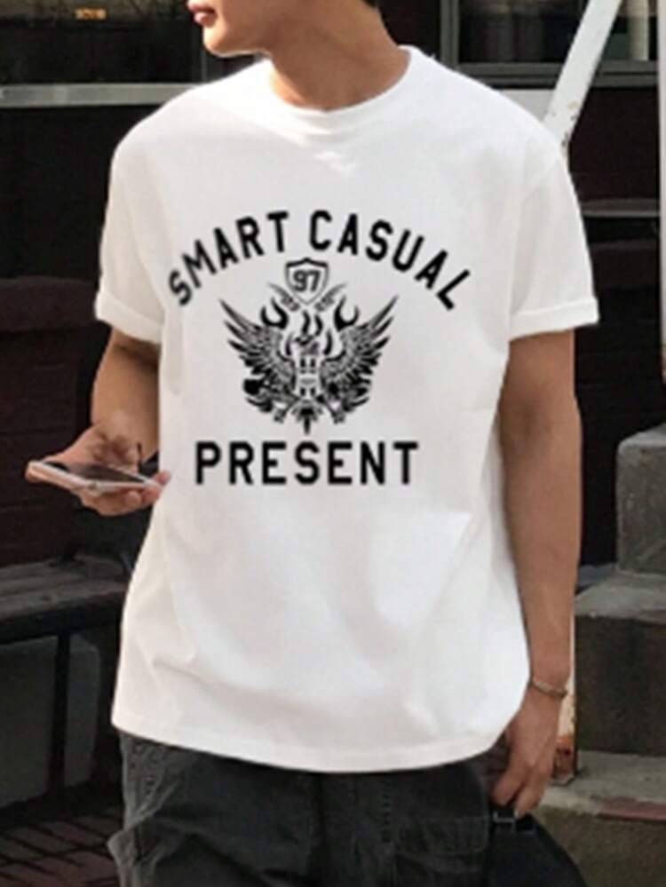 White Letter Graphic Print Short Sleeve T-Shirt For Men, Summer