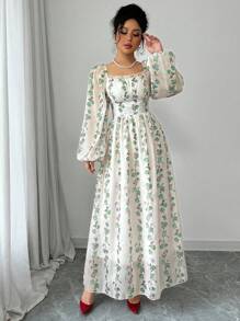 Modelyn Women's Elegant Vertical Striped Square Collar Waist A-Line Spring Summer Dress