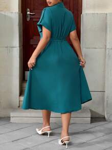 Calvaya Summer Fashion Elegant Cinched Waist Waist Business Office Dress With Lapel Women Dresses Elegant Gown Women Dresses Birthday Women Birthday Outfit Woman S Summer Clothes Work Summer Dresses - Green - View 2