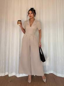 SHEIN PETITE 女士休闲修身系带卡其色连体衣，日常穿着 - 卡其色 - 查看 3