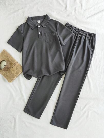 SHEIN Tween Boy 休闲家居 Polo 短袖 T 恤搭配同款长裤套装，非常适合居家、度假和聚会，春夏季