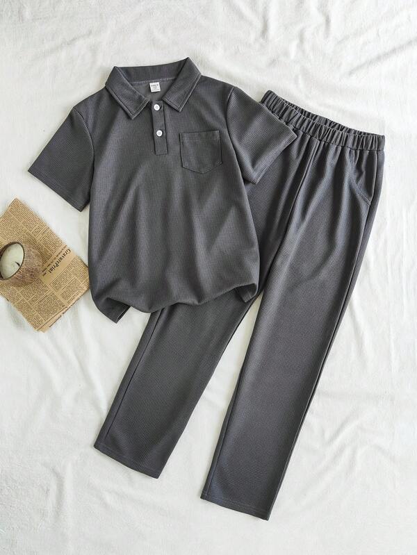 SHEIN Tween Boy Casual Home, tricou cu mânecă scurtă, set de pantaloni lungi asortați, excelent pentru acasă, vacanță și întâlniri, primăvară/vară