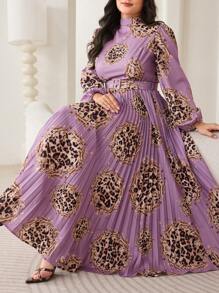Veilorie Plus Size Women Leopard Print Stand Collar Lantern Sleeve Pleated Hem Elegant Arabic Style Dress - Multicolor - View 1