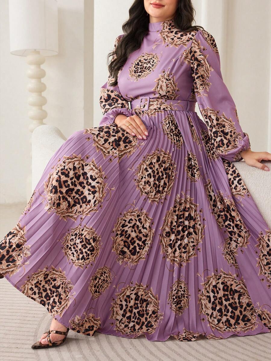 Veilorie Plus Size Women Leopard Print Stand Collar Lantern Sleeve Pleated Hem Elegant Arabic Style Dress - Multicolor - View 1