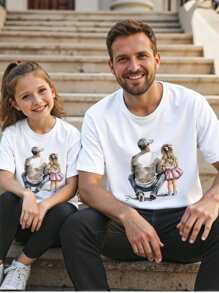 SHEIN Father And Daughter Girls Short Sleeve T-Shirt, Casual & Comfortable Round Neck Tee With Cute Printed Design, Summer - White - View 1
