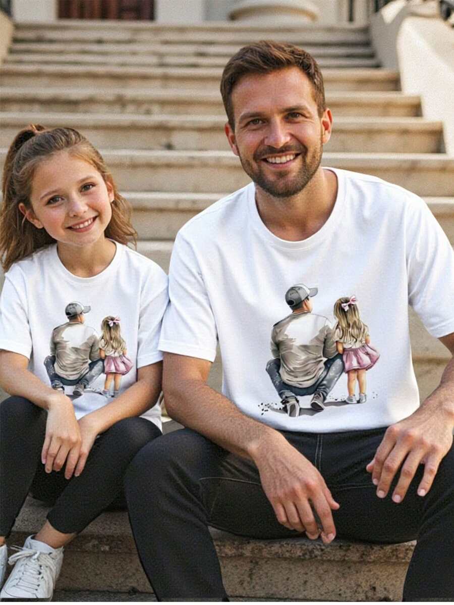SHEIN Father And Daughter Girls Short Sleeve T-Shirt, Casual & Comfortable Round Neck Tee With Cute Printed Design, Summer - White - View 1