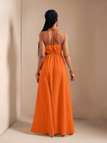 Zivah New Spring And Summer Casual Holiday Halter Neck Strapless Bust, Waist And Back A Swing Skirt With High Slit On The Front To The Thigh, Yellow Sea Stripe Women's Extra Long Dress-B Summer Dresses For Women,Sun Dresses For Women