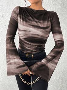 Chiquease Women's Autumn/Winter American Vintage Tie-Dye Mesh Printed Form-Fitting Ruched Decor Long Sleeve Base T-Shirt For Spring