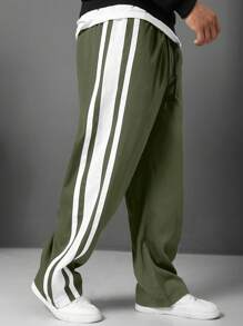 Manfinity Homme Pantalones rectos con rayas laterales, bolsillos y cintura con cordón para tallas grandes